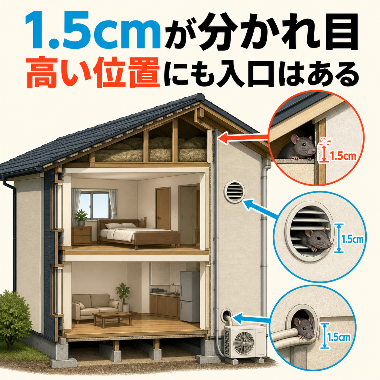 1.5センチの隙間から侵入するネズミの経路を戸建ての断面で示した図解