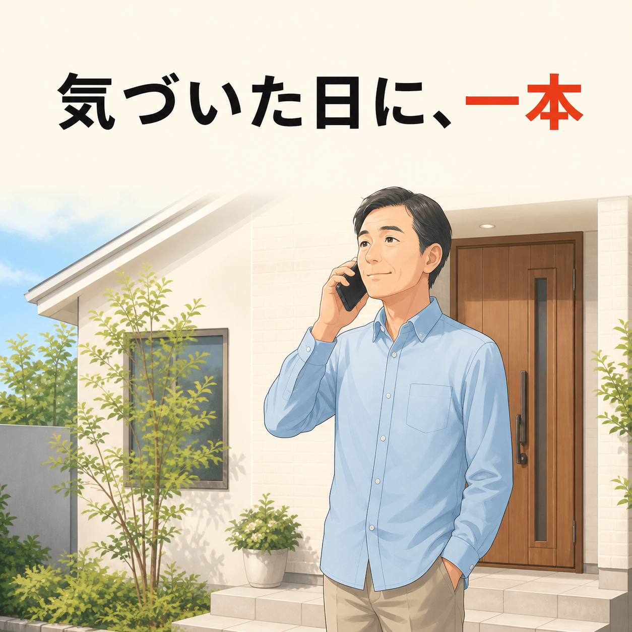 さいたま市の戸建ての玄関先で、ネズミ駆除の相談の電話をかける50代の住人