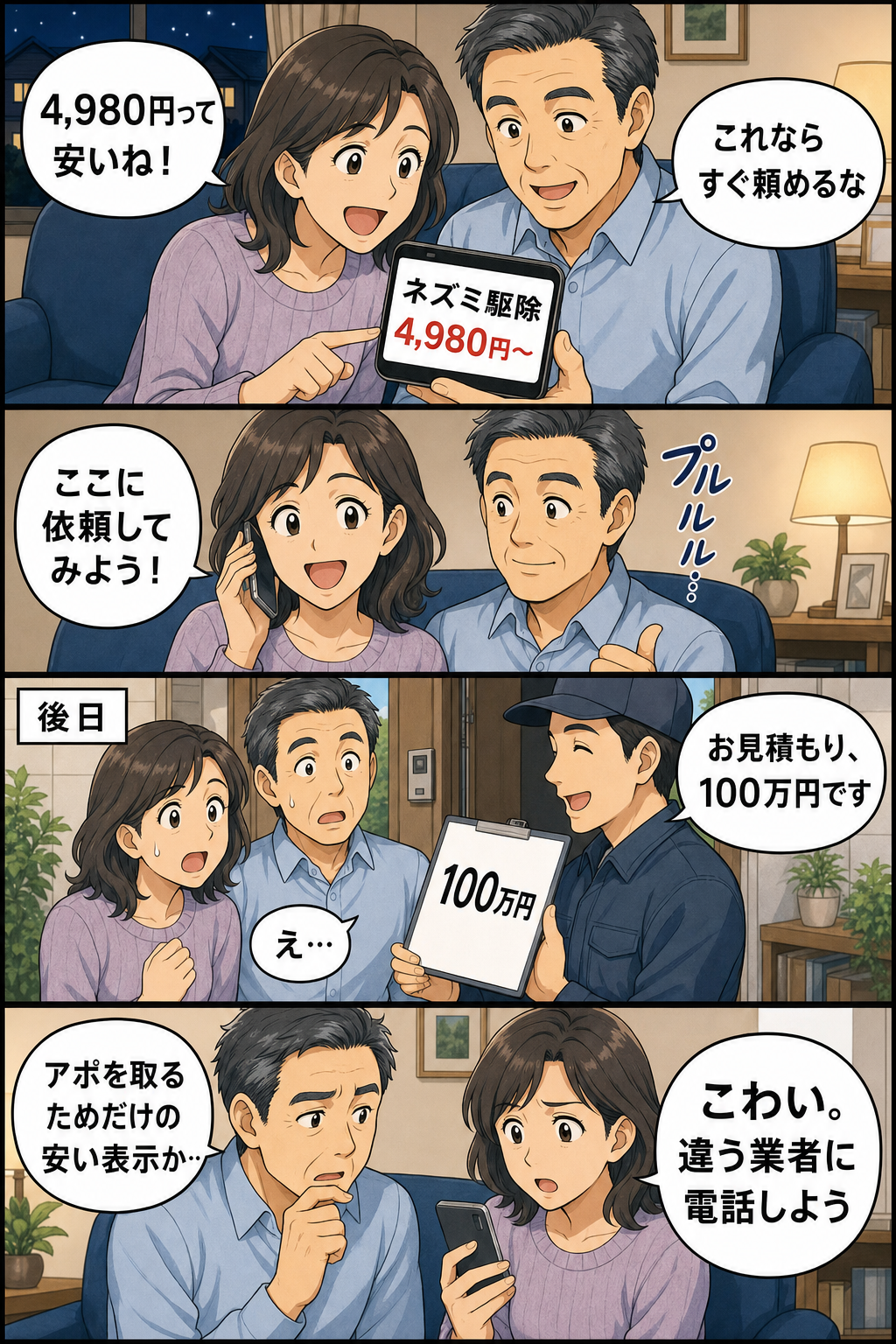 佐倉市の夫婦がネズミ駆除4980円の広告を見て依頼したところ、訪問した業者に100万円の見積もりを出され、安い表示はアポ取りだったと気づいて別の業者に電話する縦長4コマ漫画