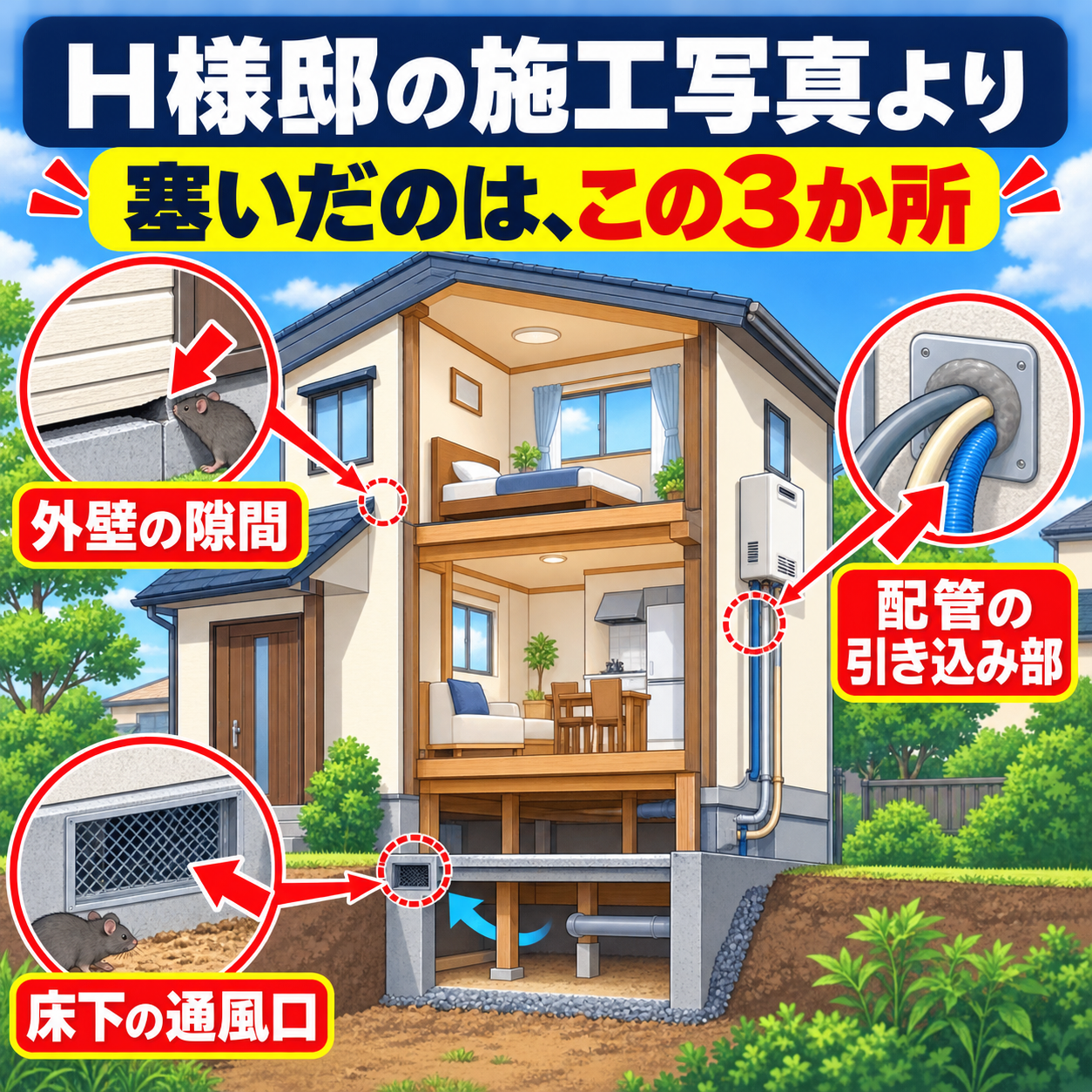 佐倉市H様邸のネズミ侵入口だった外壁の隙間・配管引き込み部・床下通風口の3か所を示した図解