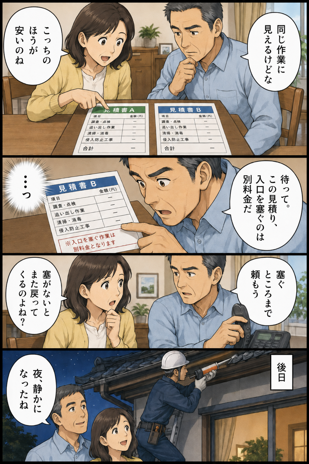 見積書を見比べた夫婦が、侵入口を塞ぐ作業が別料金だと気づき、封鎖まで依頼して静かになるまでを描いた4コマ漫画