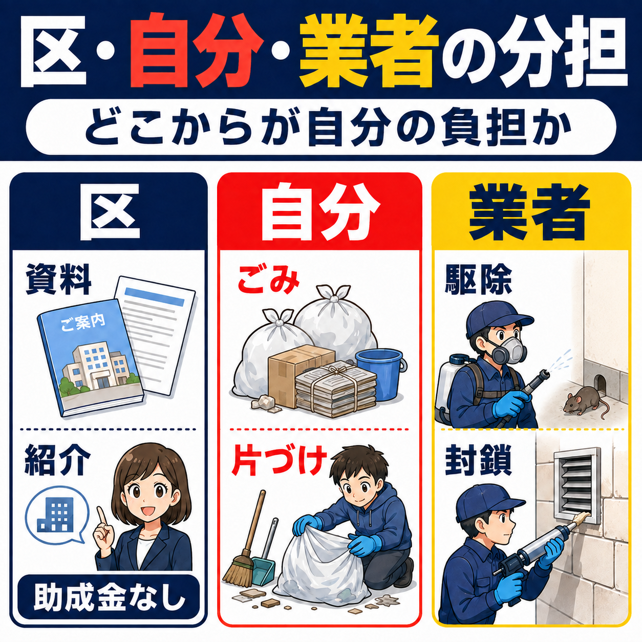 台東区のネズミ駆除における区・自分・業者の役割分担を整理した図解