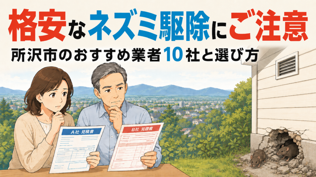 所沢市のネズミ駆除で格安な表示に注意を促すアイキャッチ。2枚の見積書を見比べる50代夫婦と、床下の穴から出てくるネズミ