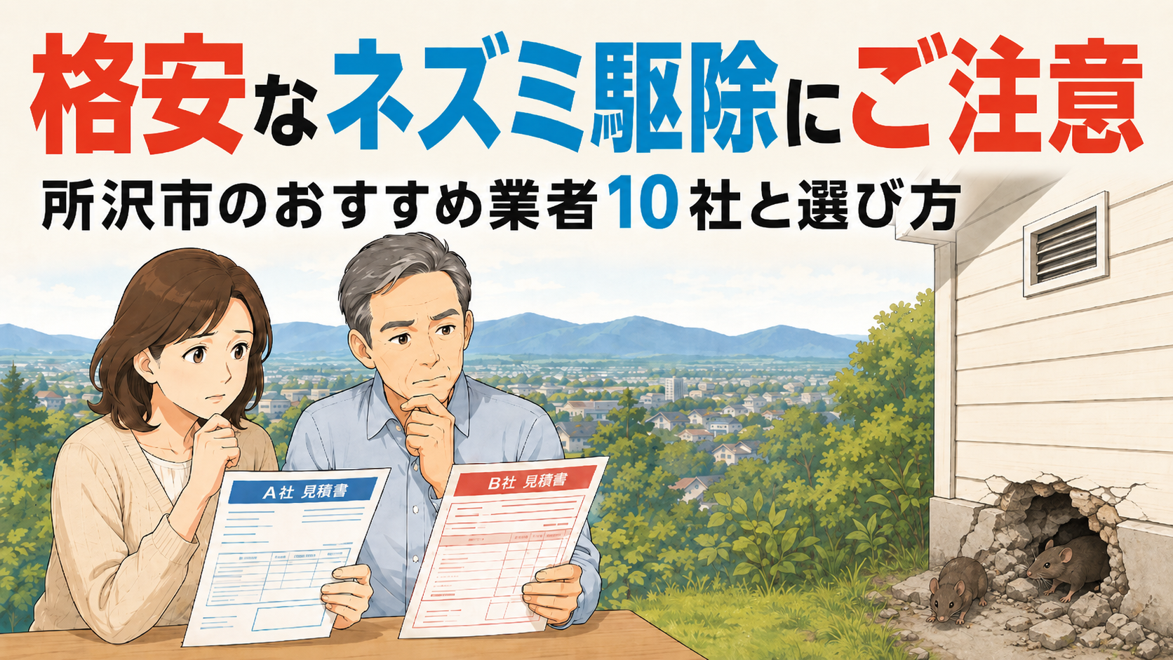 所沢市のネズミ駆除で格安な表示に注意を促すアイキャッチ。2枚の見積書を見比べる50代夫婦と、床下の穴から出てくるネズミ