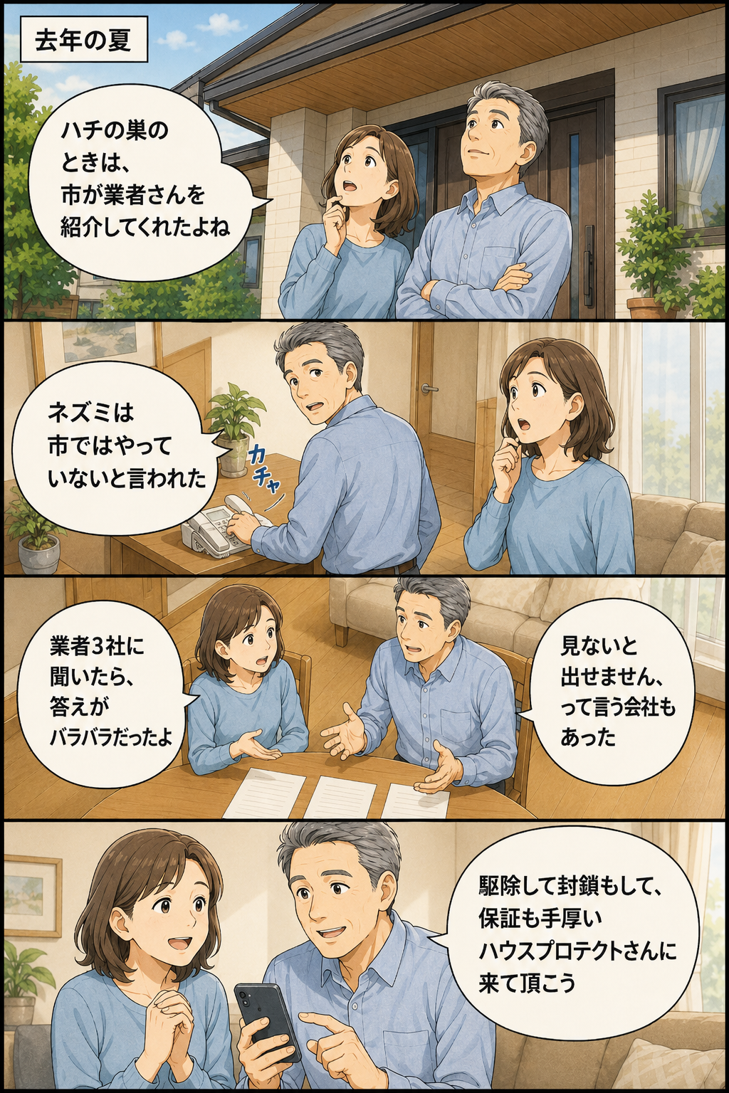 所沢市でハチの巣のときは市が業者を紹介してくれた夫婦が、ネズミでは紹介の仕組みがないと知り、3社に問い合わせて金額の出し方が会社ごとに違うことに気づき、駆除と封鎖と保証まで頼めるハウスプロテクトへ電話する縦長4コマ漫画