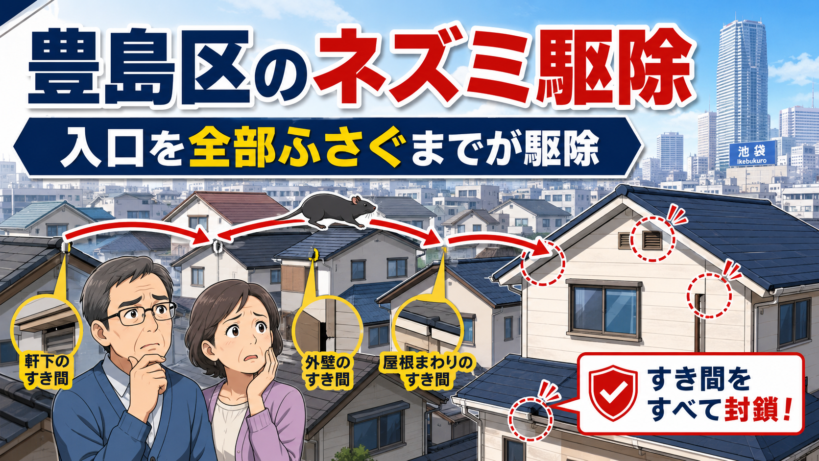 豊島区でネズミ駆除を考える人に向けて、家が密集した街並みと、入口を全部ふさぐまでが駆除だという主題を示したアイキャッチ画像