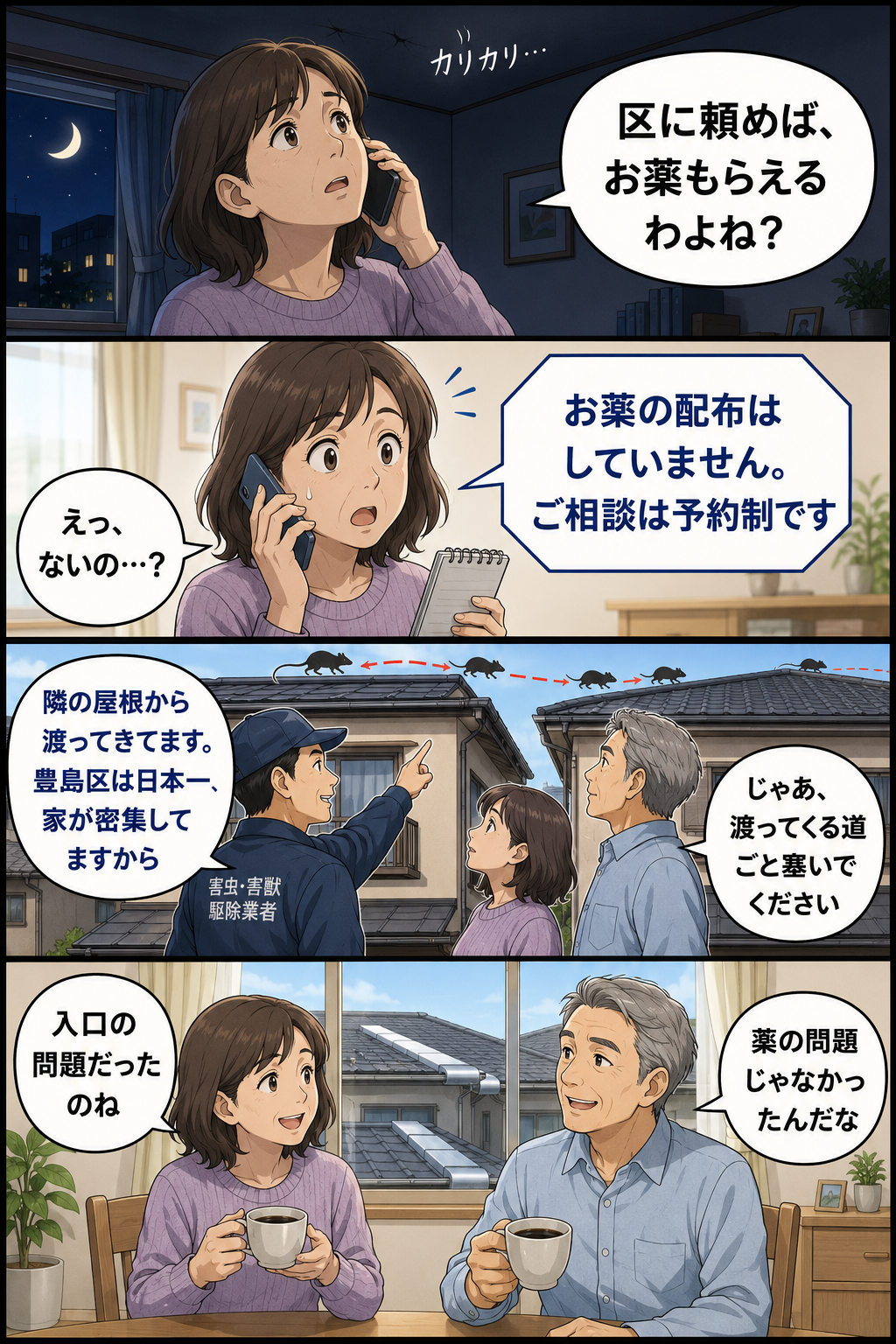 豊島区の夫婦が区に電話しても薬はもらえず、市販の殺鼠剤も食べられないまま、調査で隣家の屋根から渡ってきた経路が見つかり、経路ごと封鎖して静かになるまでを記事の流れどおりに描いた縦長4コマ漫画