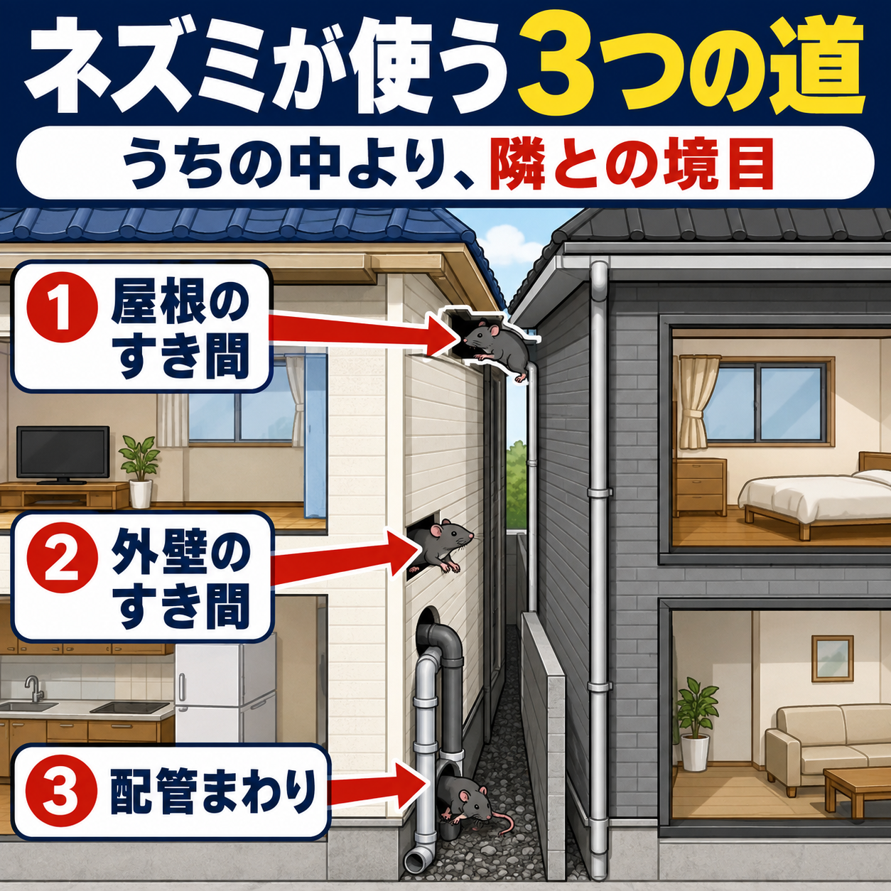 豊島区の住宅密集地でネズミが隣家の屋根伝い・外壁の狭い隙間・共用の排水管を通って侵入してくる3つの経路を断面で示した図解