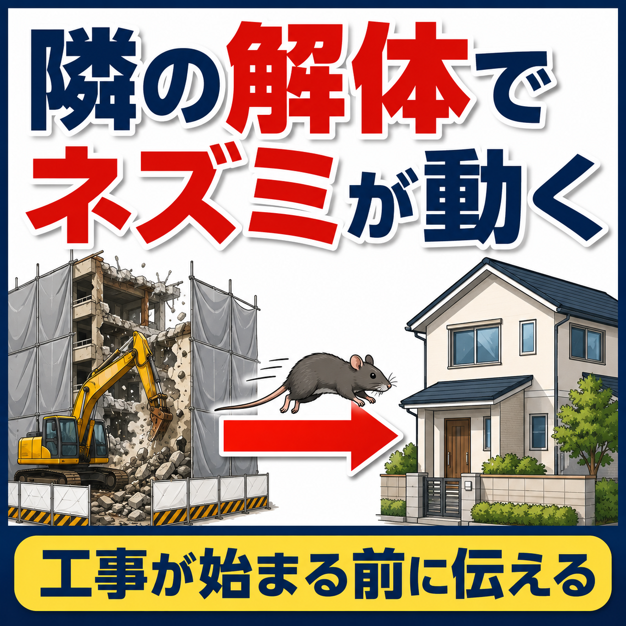 豊島区で隣の建物の解体工事が始まるとネズミが近隣の住宅へ移動する流れと、施工主が解体前に駆除する必要があることを示した図解