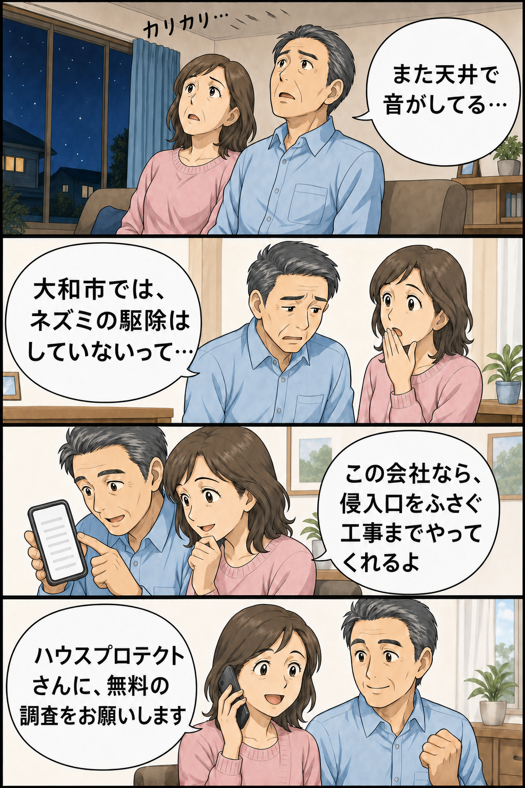 大和市で天井の音に気づいた夫婦が、市はネズミ駆除を行っていないと知り、封鎖工事まで対応する会社を選んで電話するまでの4コマ漫画