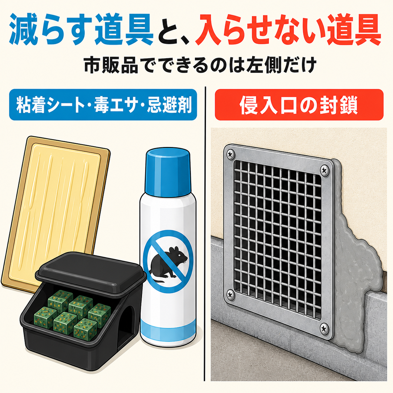 粘着シート・毒エサ・忌避剤は数を減らす道具で、侵入口の封鎖は市販品ではできないことを示した比較図解