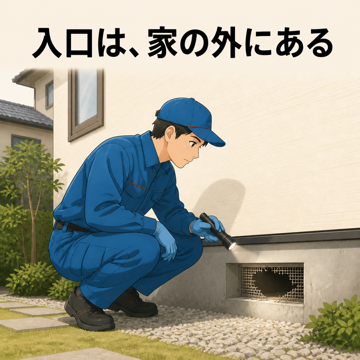 大和市の戸建てで床下の通風口の破れた金網を作業員が懐中電灯で照らしている場面