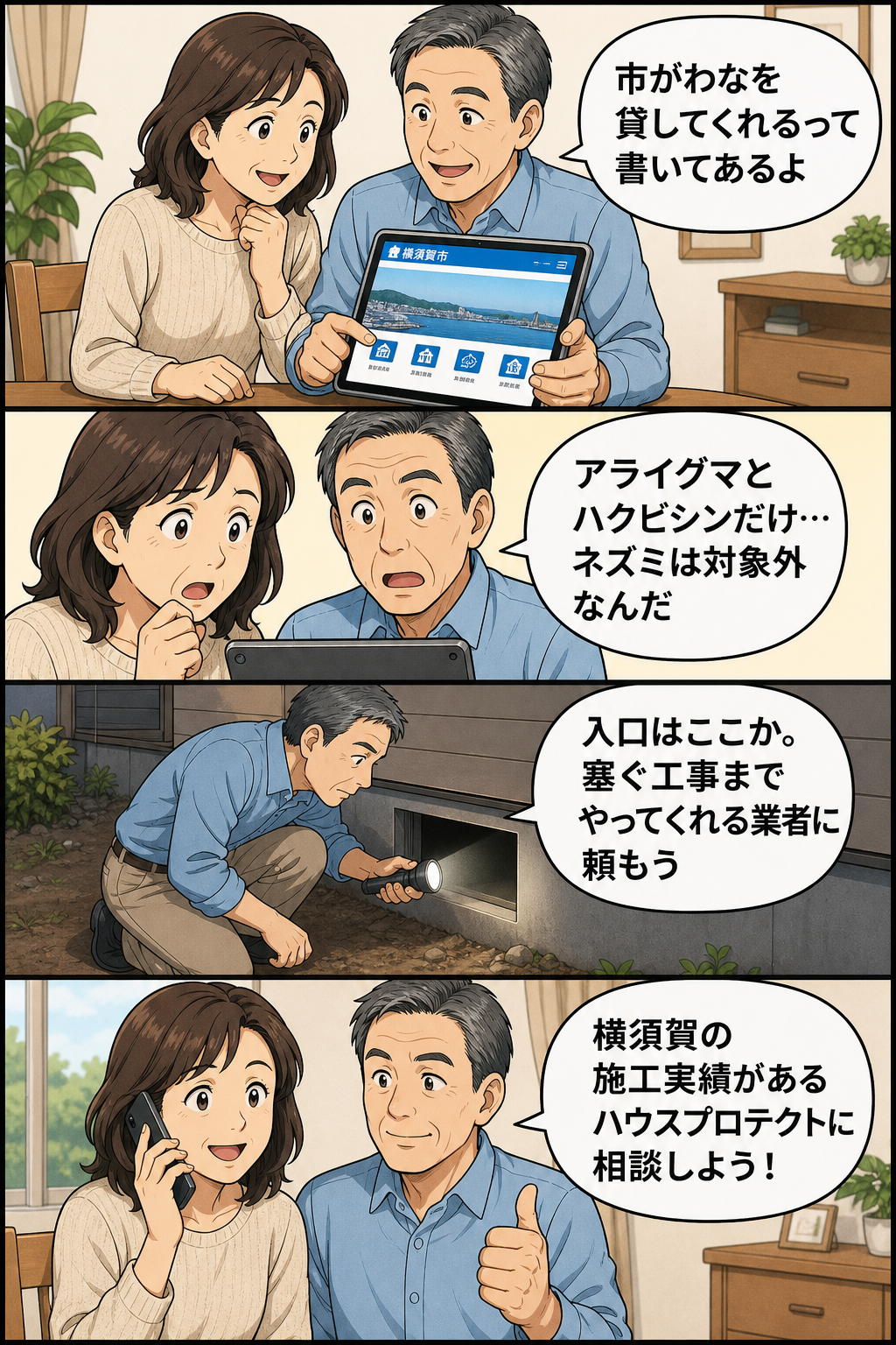 横須賀市でネズミ駆除を市に相談した夫婦が、わなの対象外と知り床下通風口の封鎖工事を業者に依頼するまでの4コマ漫画