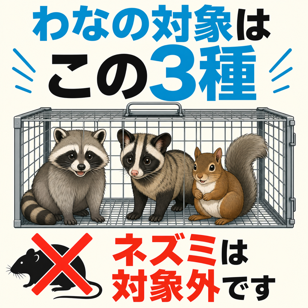 横須賀市が無料で貸し出す捕獲用わなの対象はアライグマ・ハクビシン・タイワンリスで、ネズミは対象外であることを示す図解