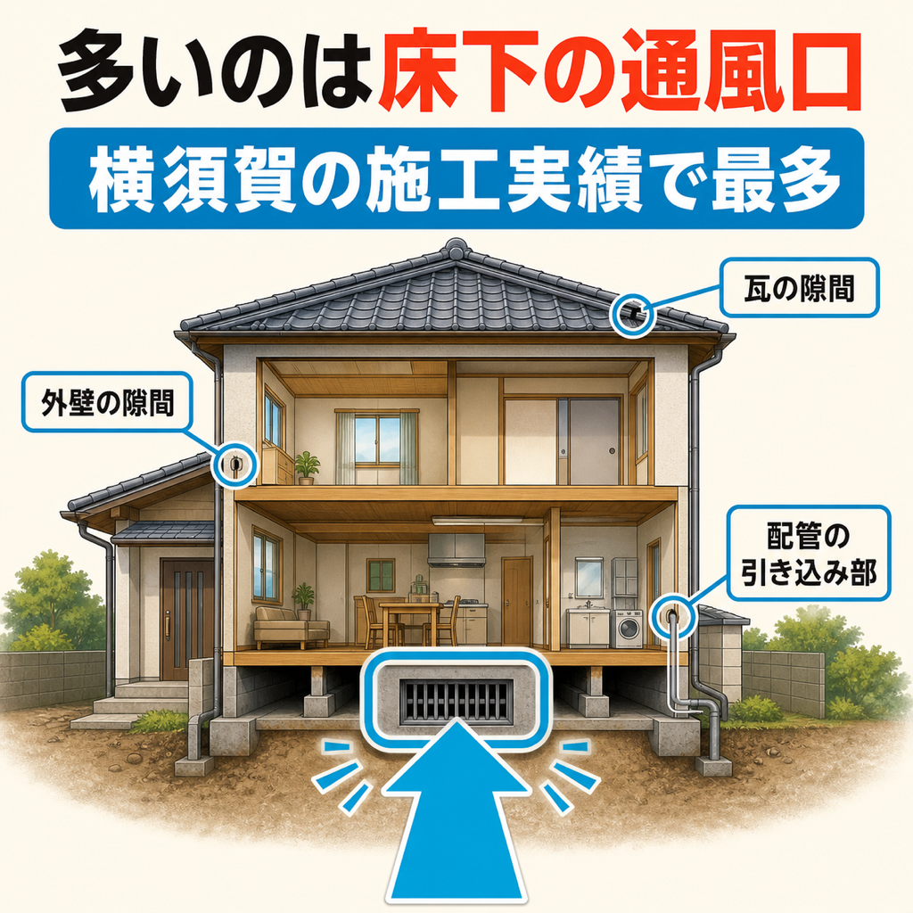 横須賀市の戸建てでネズミの侵入経路になりやすい床下通風口・外壁の隙間・配管引き込み部・瓦の隙間を示した断面図解