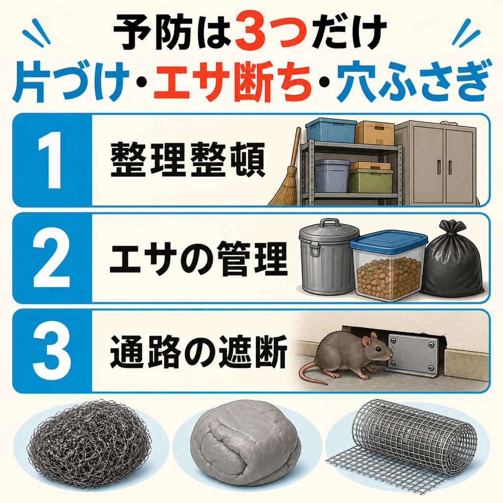 横須賀市が案内するネズミ予防の3ステップと隙間を塞ぐ材料（金属タワシ・不燃性パテ・板・金網）を示したチェック図解