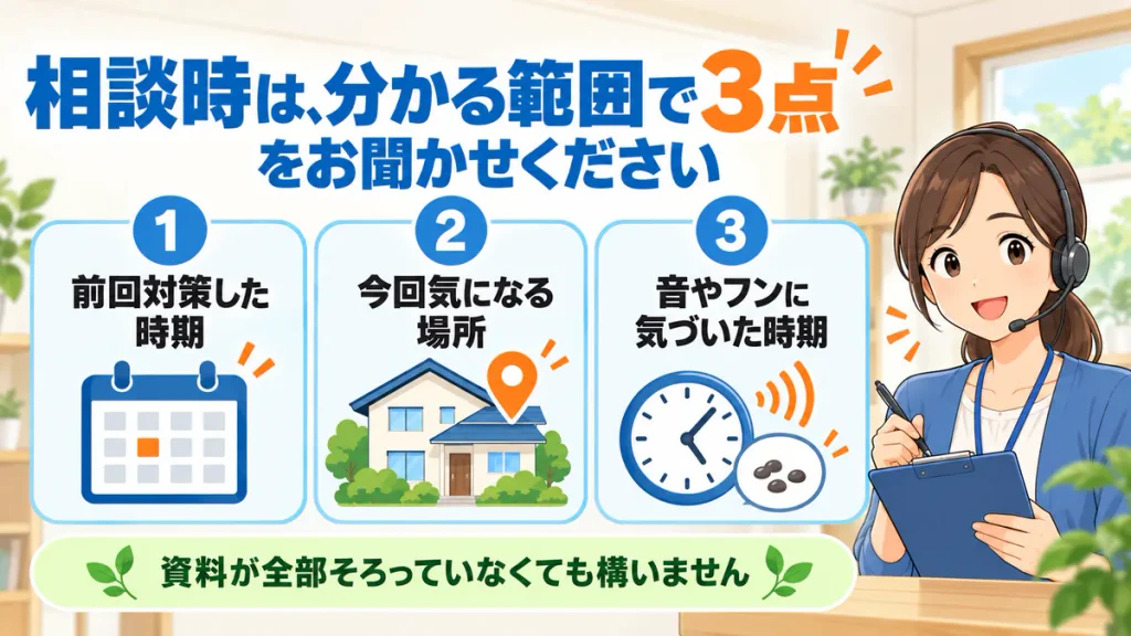 コウモリ駆除後の相談で、前回の対策時期、気になる場所、音やフンに気づいた時期を伝える図解