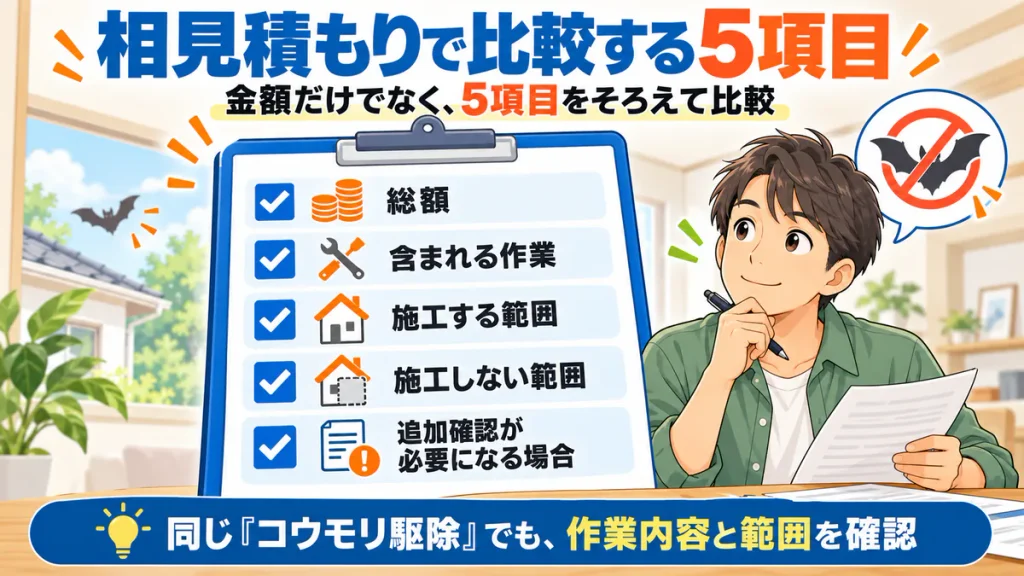 コウモリ駆除の相見積もりで、総額、作業内容、施工範囲、未施工範囲、追加確認の条件を比べる図解