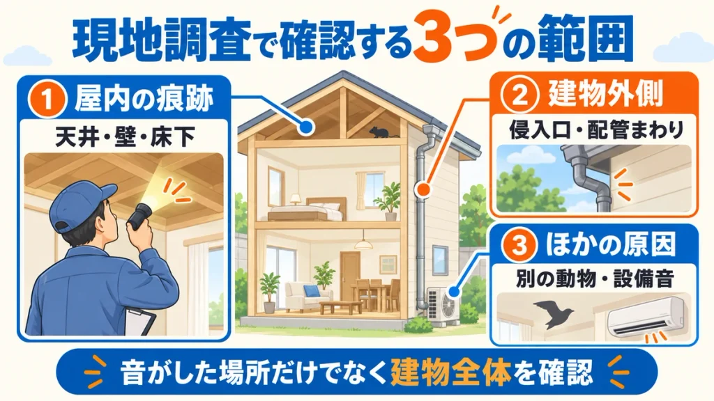 屋内の痕跡、建物外側の侵入口、ほかの動物や設備音を現地調査で確認する図解