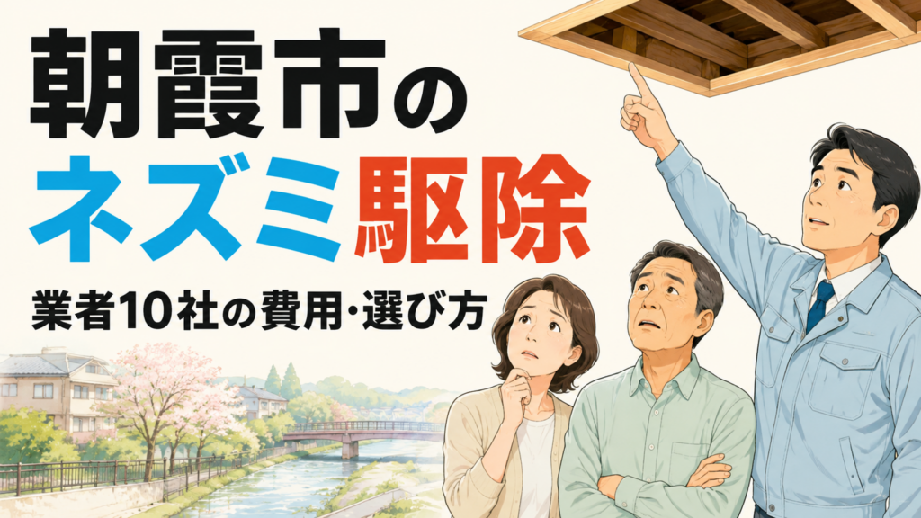 朝霞市の川沿いの桜並木を背景に、天井裏のネズミに困る夫婦と作業員を描いたアイキャッチ画像