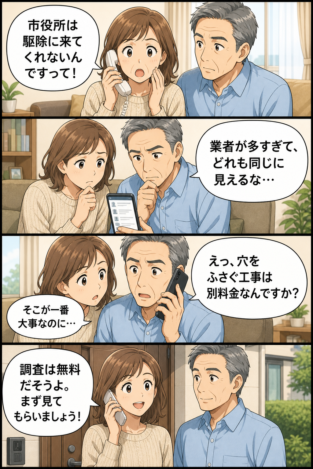 朝霞市でネズミの音に気づいた夫婦が、市役所では駆除してもらえないと知り、業者を比べて依頼するまでを描いた4コマ漫画