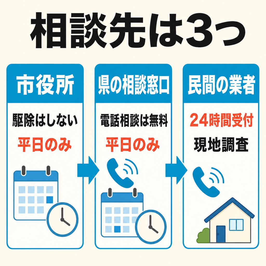 朝霞市でネズミの相談先を市役所・県の相談窓口・民間業者の3ルートで示し、受付できる曜日の違いを整理した図解