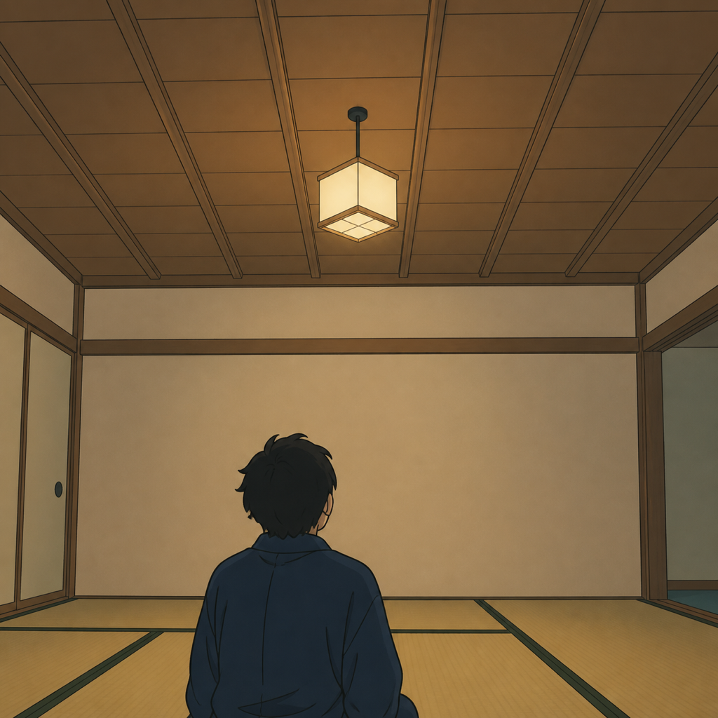 夜の和室で天井を見上げる住人の後ろ姿を描いたイラスト