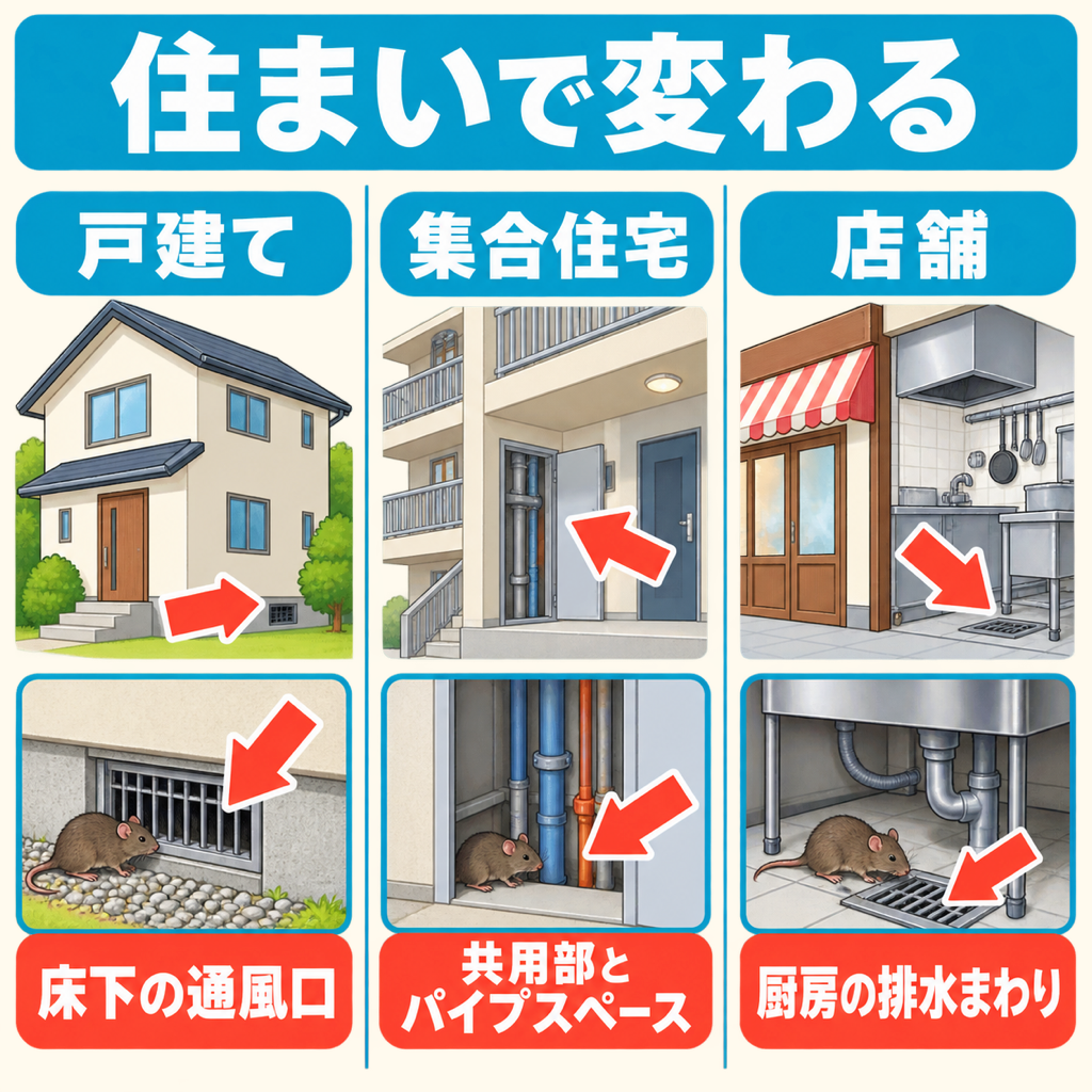 戸建て・集合住宅・店舗の3タイプ別に、ネズミが入りやすい場所を整理した図解