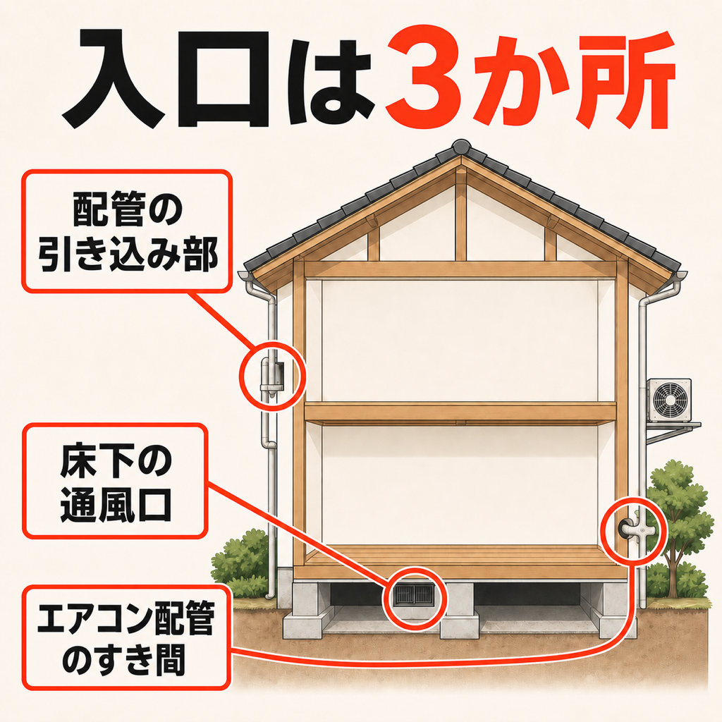 戸建て住宅の断面図で、配管引き込み部・床下通風口・エアコン配管のすき間というネズミの侵入口3か所を示した図解
