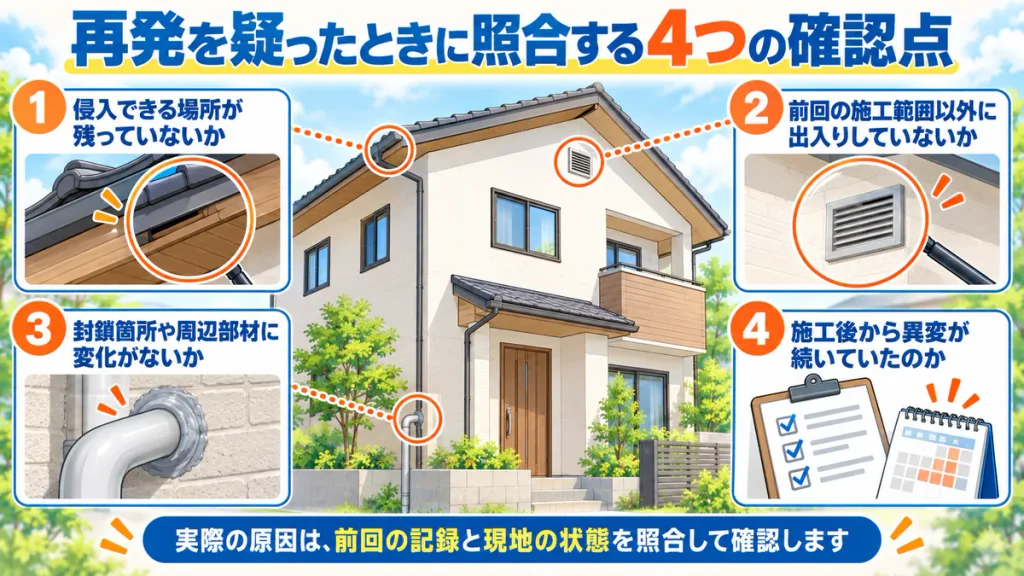 コウモリ駆除後に、残った侵入口、前回の施工範囲、封鎖箇所の変化、異変の時期を確認する図解