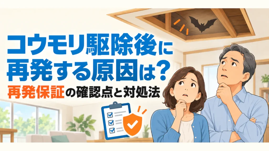 コウモリ駆除後の再発原因と再発保証を気にして天井を見る夫婦のイラスト