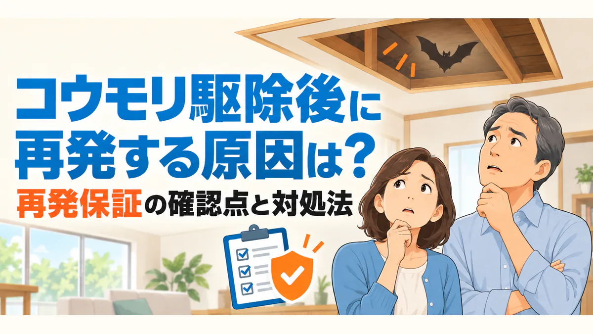コウモリ駆除後の再発原因と再発保証を気にして天井を見る夫婦のイラスト