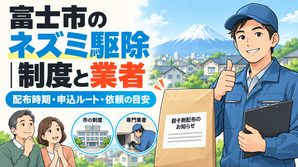富士市のネズミ駆除で、市の殺そ剤配布制度と専門業者への依頼を比べる記事のアイキャッチ