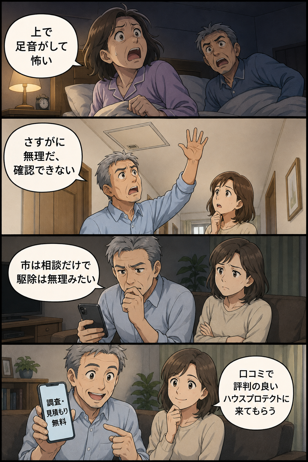 富士市でネズミ駆除に悩む夫婦が、市は相談までと知って専門業者に依頼を決めるまでの4コマ漫画