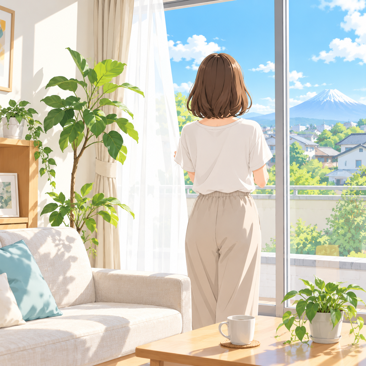 富士市の住宅のリビングから、晴れた日に窓の外の住宅街と富士山をながめる女性のイラスト