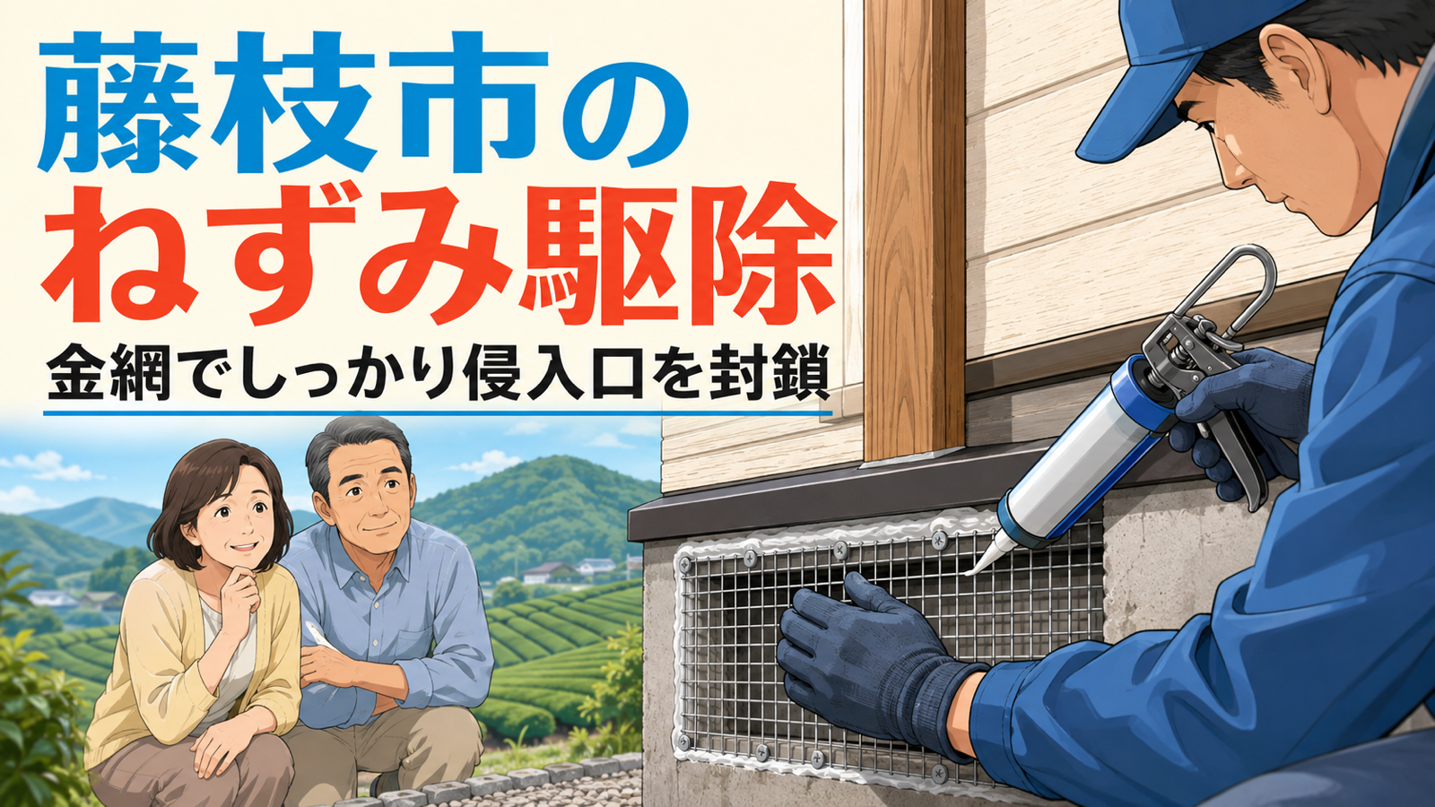 藤枝市のネズミ駆除で家の基礎と外壁の継ぎ目に金網を張りコーキングで侵入口を封鎖する職人と安心した表情の夫婦