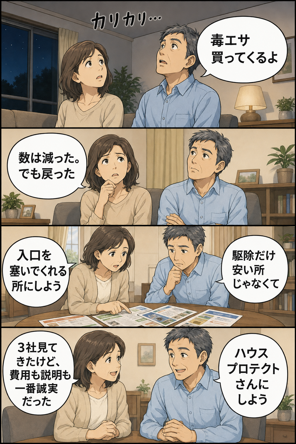 藤枝市の戸建てで、毒エサでは再発したため夫婦が入口の封鎖までする業者を探し、3社を比べてハウスプロテクトに決めるまでを描いた4コマ漫画