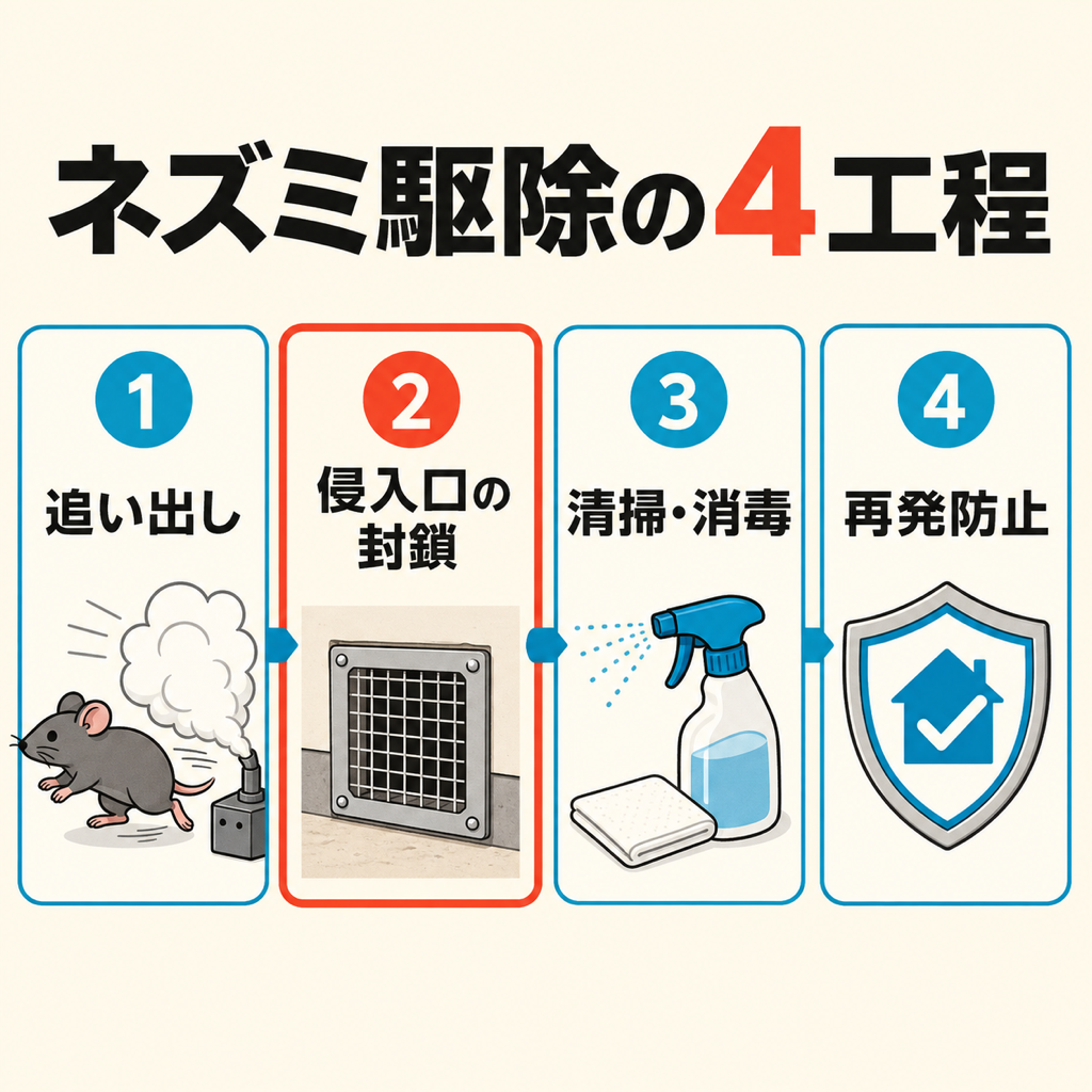 藤枝市のネズミ駆除の現場工程を追い出し・侵入口の封鎖・清掃と消毒・再発防止の4ステップで示した図解