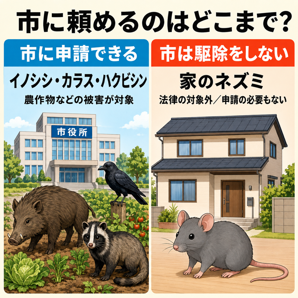 市の捕獲許可の対象となるイノシシやカラスと、市が駆除を行わず法律の対象外で許可も要らない家のネズミを左右で対比した図解