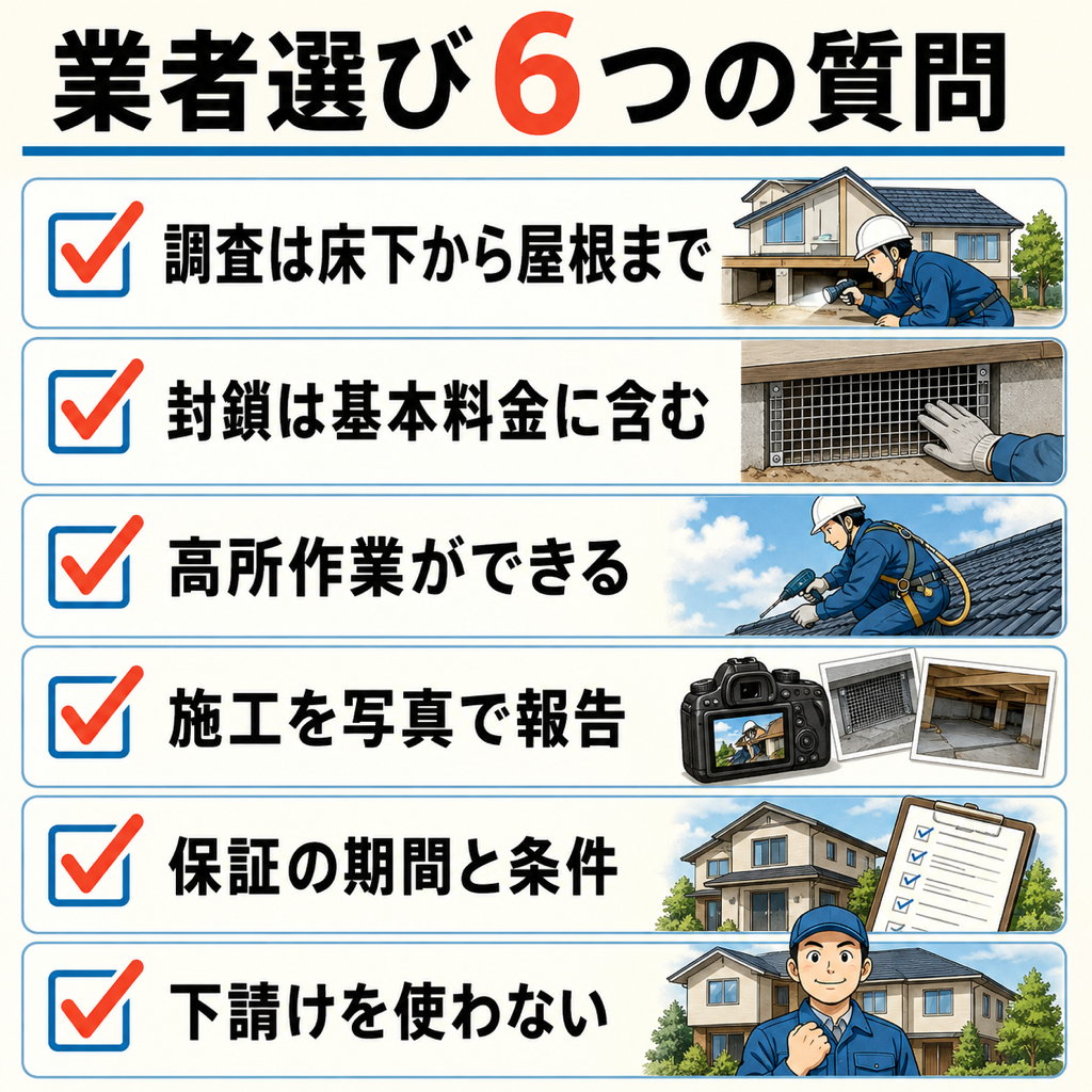 藤枝市のネズミ駆除業者を選ぶときの確認項目6つをまとめたチェックリスト図解
