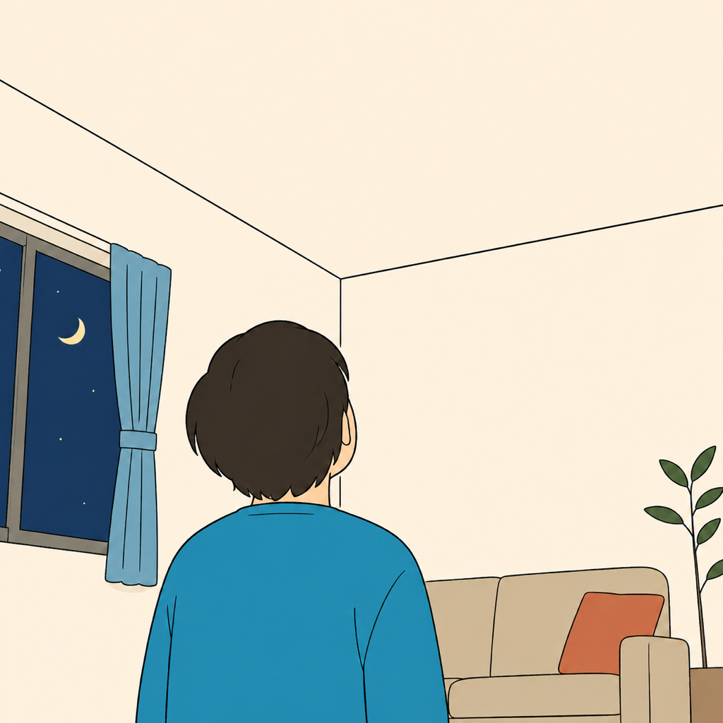 藤枝市の戸建てで天井を見上げてネズミの物音を気にしている住人の後ろ姿のイラスト