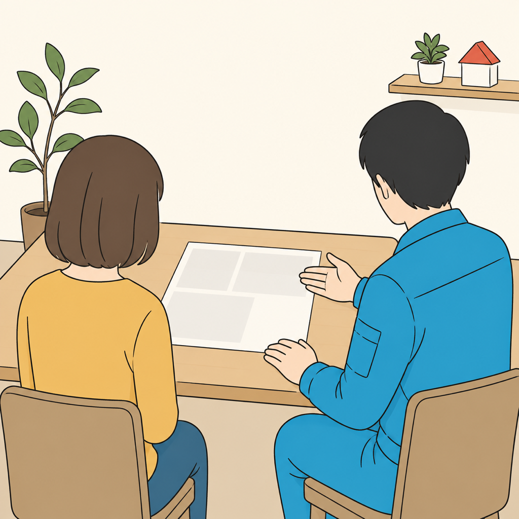 藤枝市のネズミ駆除で見積書を挟んで作業員と住人が話している場面のイラスト