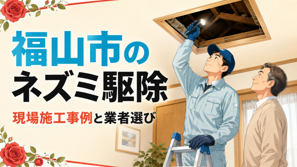 福山市のネズミ駆除で天井裏の点検口を懐中電灯で照らす作業員と見上げる住人を描いたアイキャッチ画像