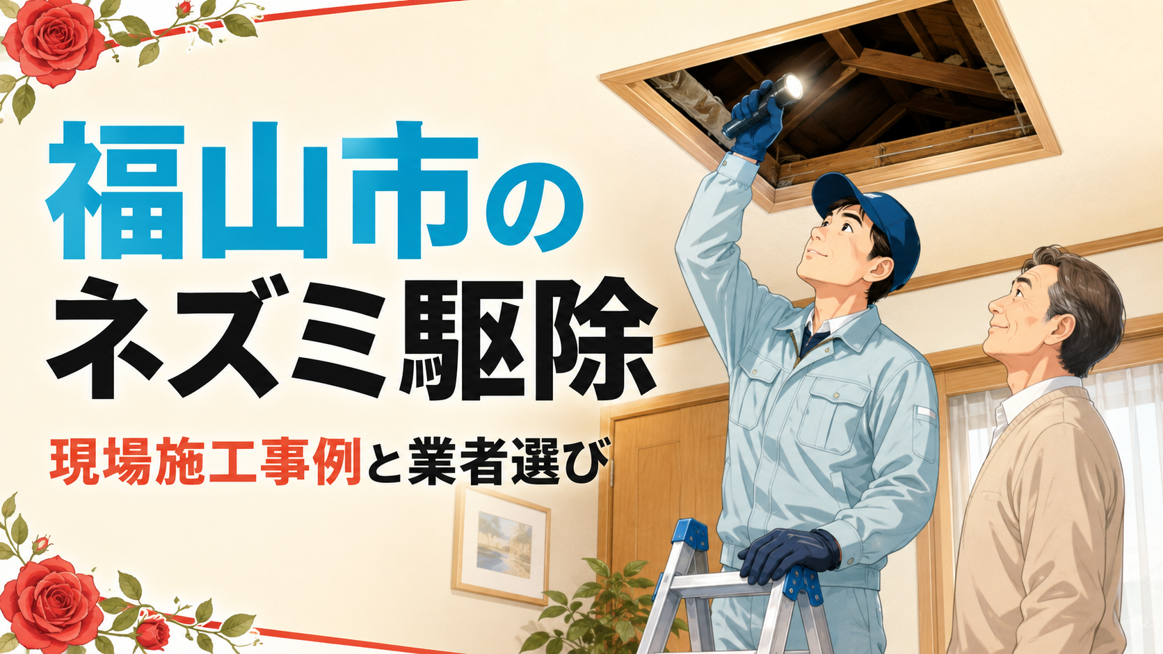 福山市のネズミ駆除で天井裏の点検口を懐中電灯で照らす作業員と見上げる住人を描いたアイキャッチ画像