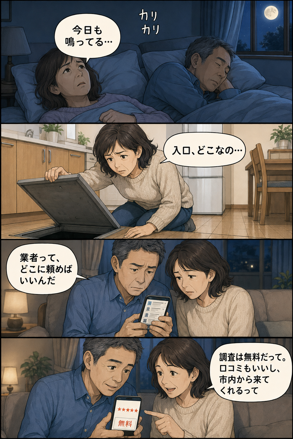夜ごと天井で鳴るカリカリという音に眠れない福山市の妻が、床下収納の奥をのぞき、夫とスマホで口コミと無料の文字を見つける場面を描いた4コマ漫画