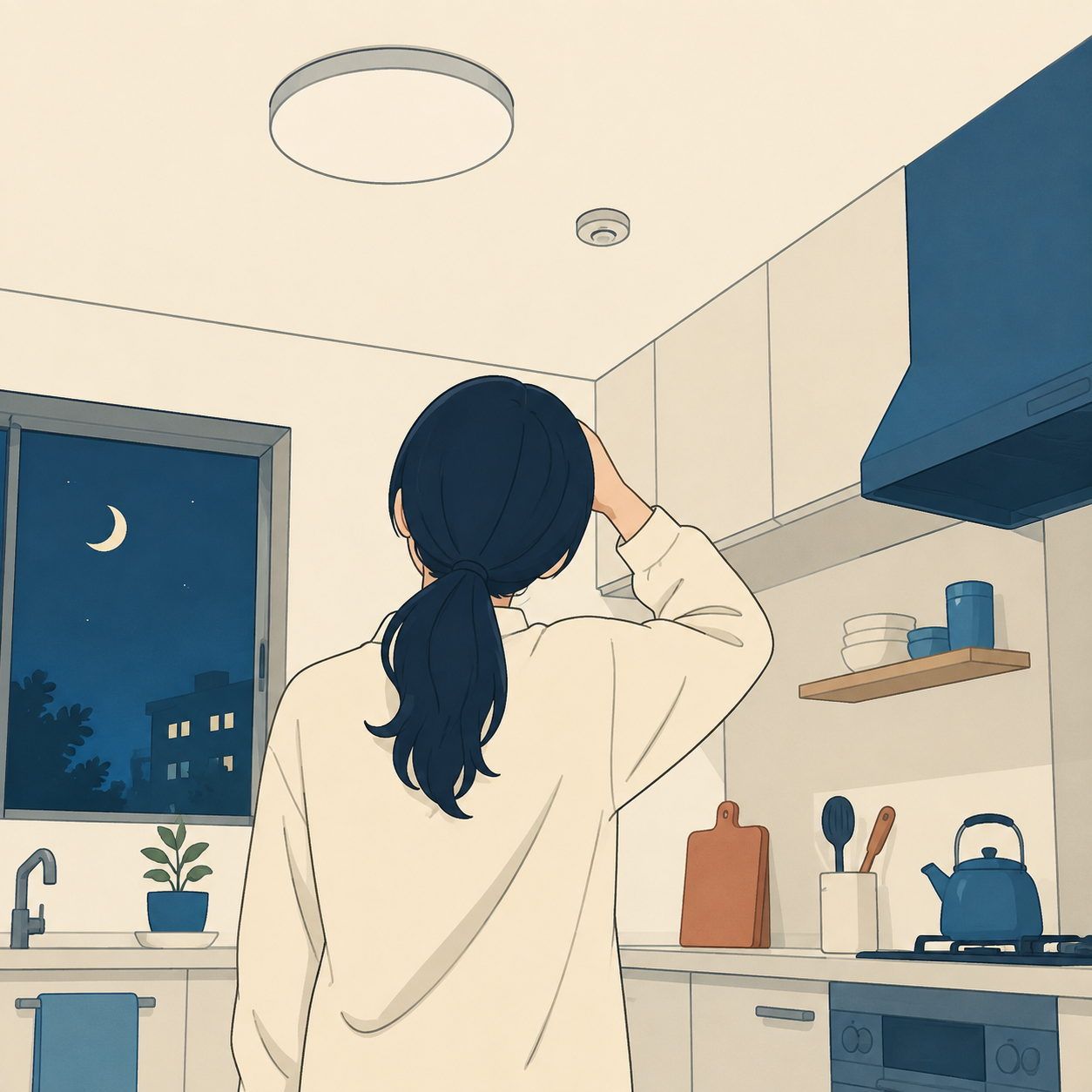 夜の台所で天井を見上げる住人の後ろ姿を描いた、福山市のネズミの気配を感じる場面のイラスト