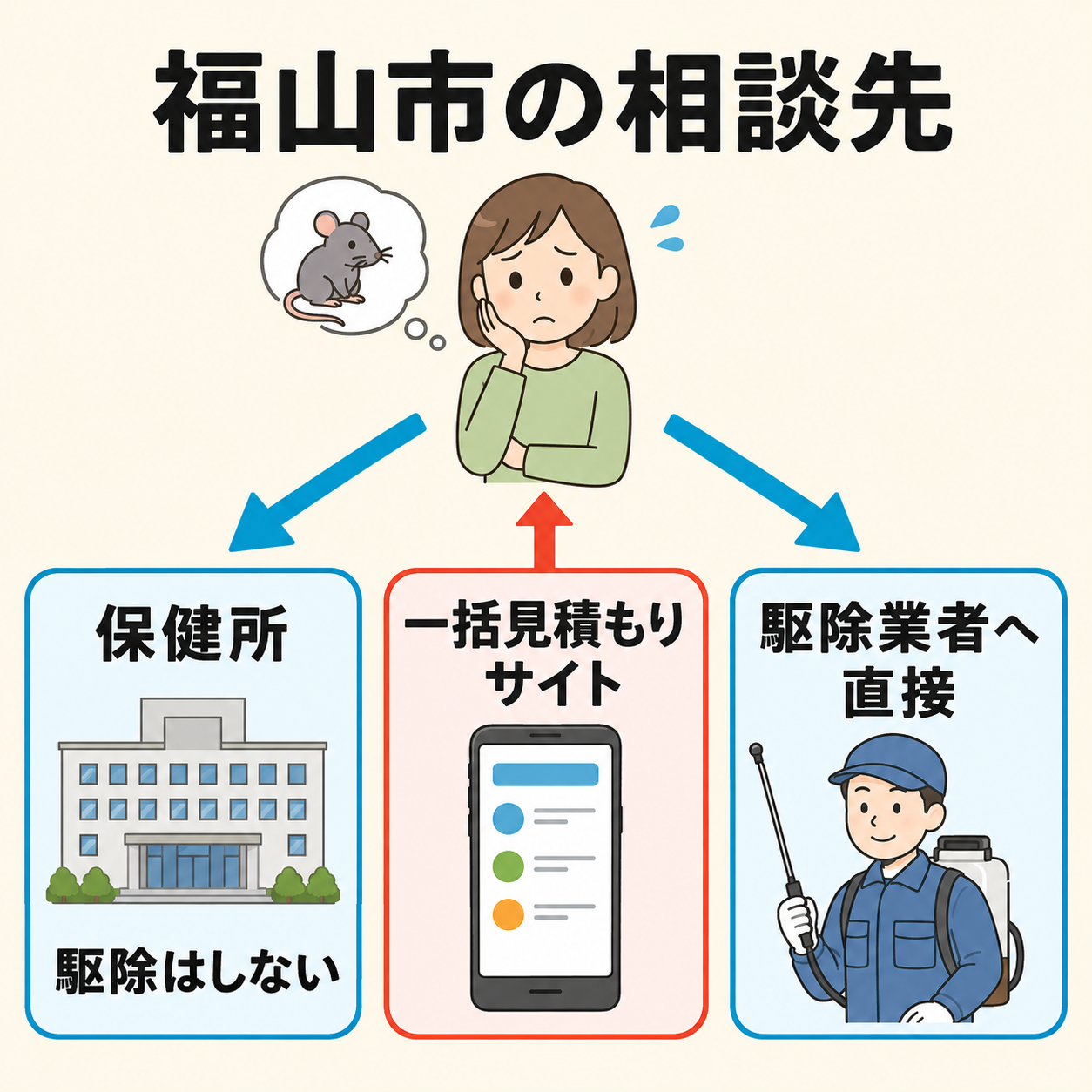 福山市でネズミが出たときの相談先を、保健所・一括見積もりサイト・駆除業者の3つに分けて示した図解