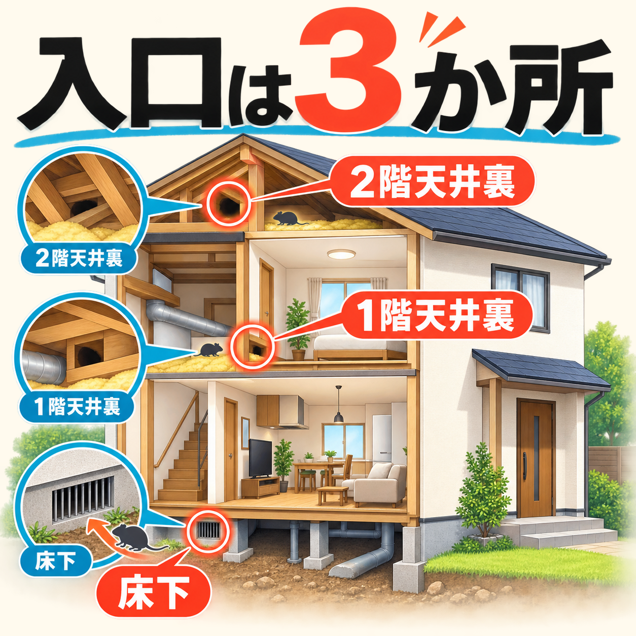 戸建ての断面図で、床下の通風口と1階・2階の天井裏の3か所にネズミの侵入口を示した図解