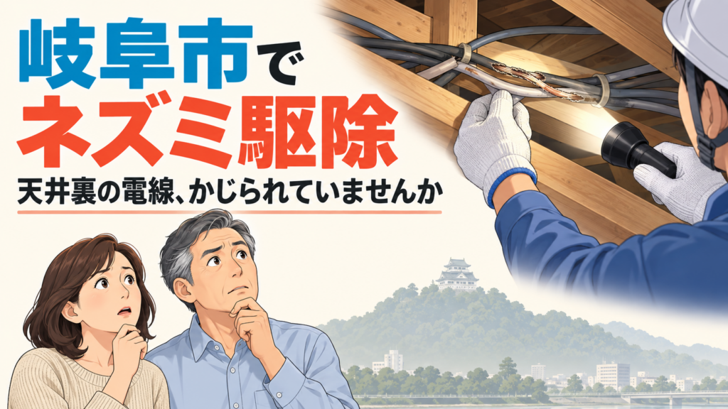 岐阜市でネズミ駆除を考える50代夫婦と、懐中電灯で天井裏の電線を照らす作業員を描いたアイキャッチ