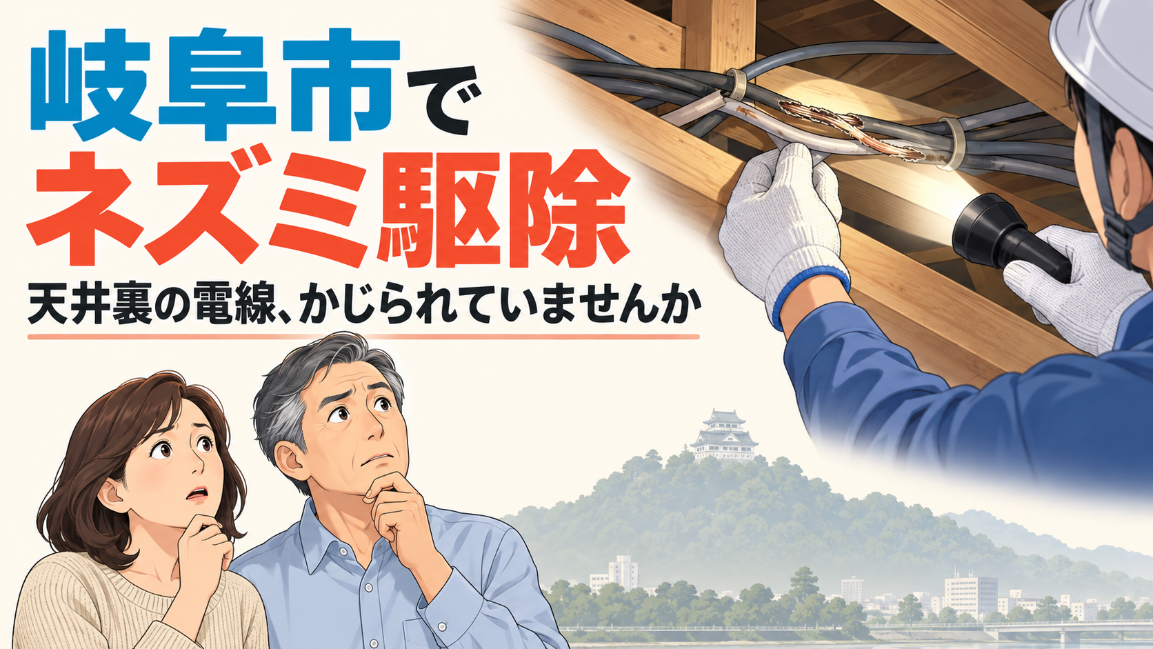 岐阜市でネズミ駆除を考える50代夫婦と、懐中電灯で天井裏の電線を照らす作業員を描いたアイキャッチ